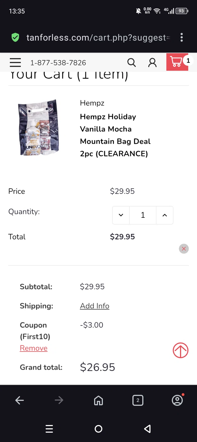 TanForLess.com promo code screenshot showing code First10 applied at TanForLess.com checkout page. Uploaded by SimplyCodes community member Olivatle37 on Nov 13, 2025