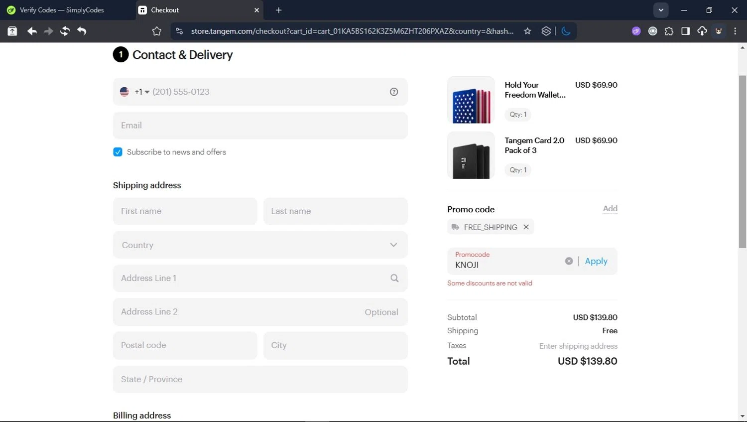 Tangem promo code screenshot showing code KNOJI applied at Tangem checkout page. Uploaded by SimplyCodes community member User_Randon1 on Nov 16, 2025