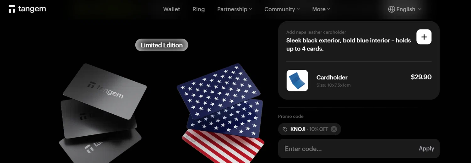 Tangem promo code screenshot showing code KNOJI applied at Tangem checkout page. Uploaded by SimplyCodes community member RocketDeals on Nov 16, 2025