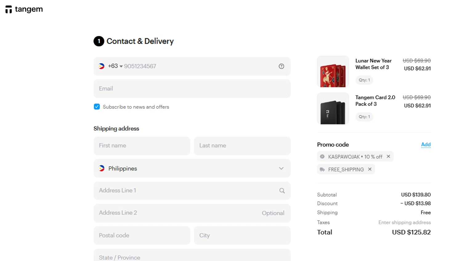Tangem promo code screenshot showing code KASPAWOJAK applied at Tangem checkout page. Uploaded by SimplyCodes community member SweetJireh on Feb 10, 2026