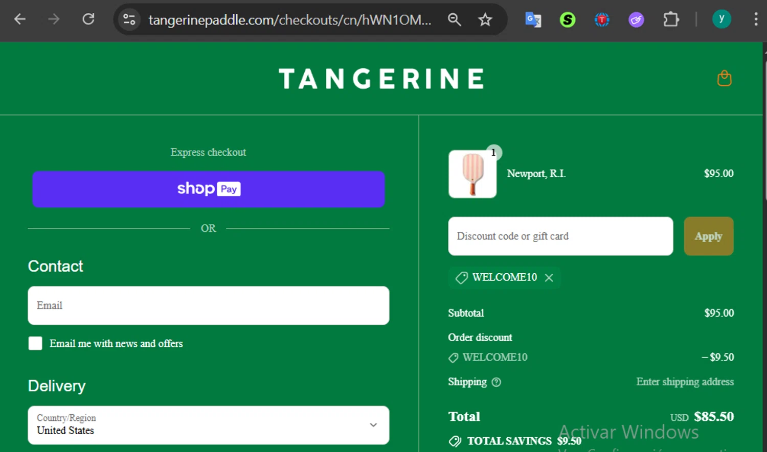 Tangerine Paddle discount code screenshot showing code WELCOME10 applied at Tangerine Paddle checkout page. Uploaded by SimplyCodes community member 502312 on Aug 4, 2025