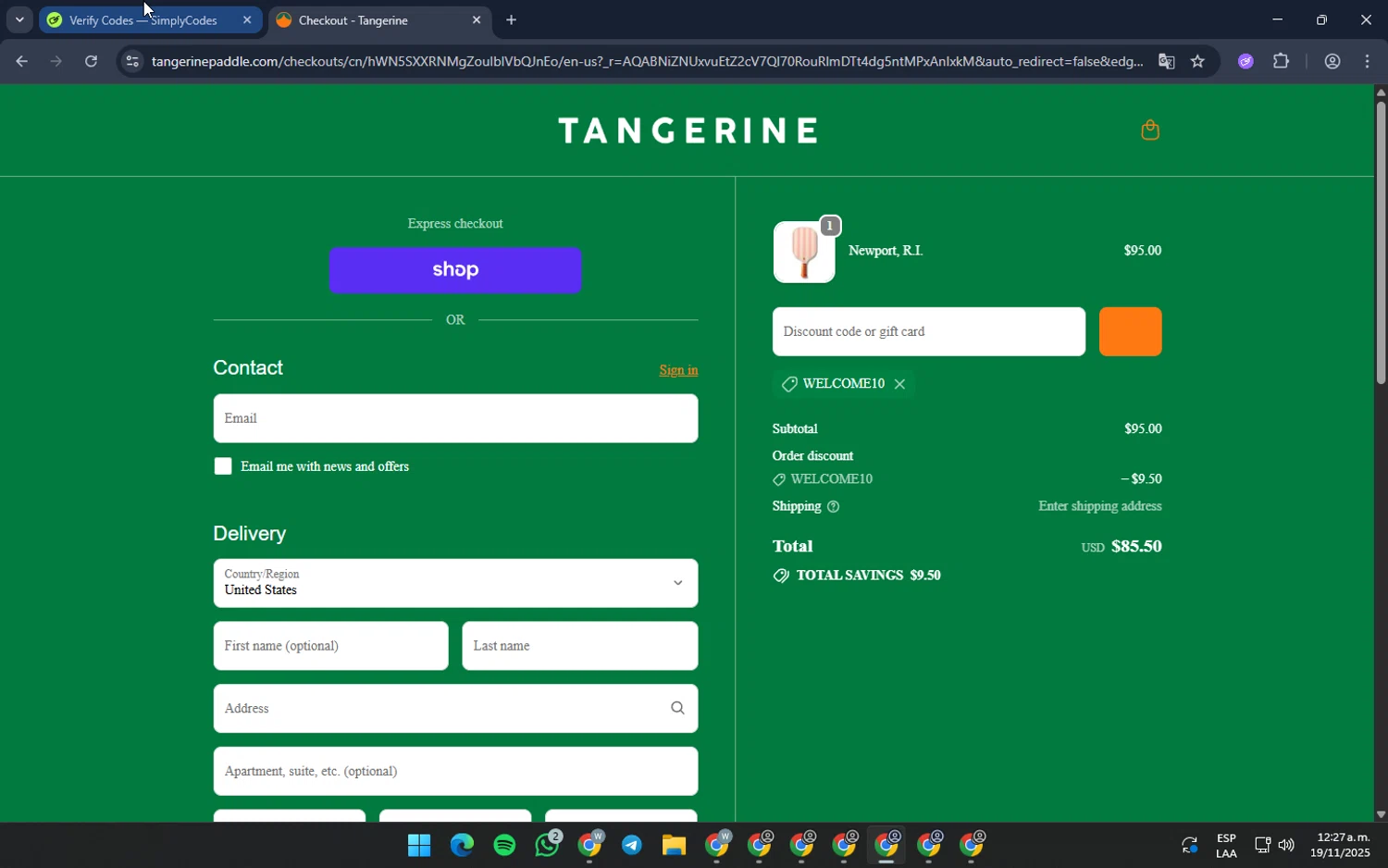 Tangerine Paddle discount code screenshot showing code welcome10 applied at Tangerine Paddle checkout page. Uploaded by SimplyCodes community member JHDELACRUZ on Nov 19, 2025