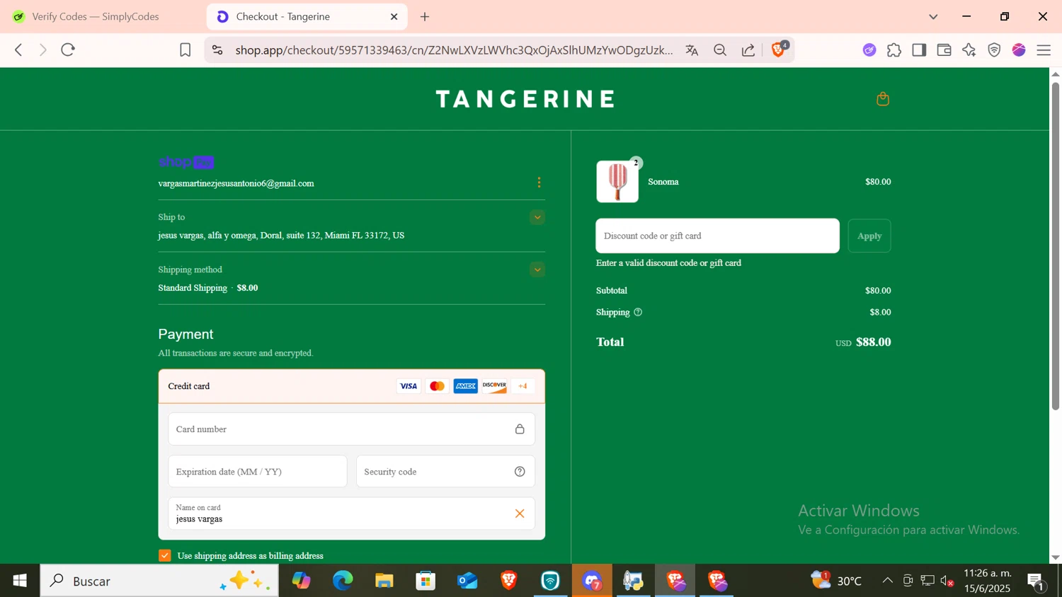 Tangerine Paddle discount code screenshot showing code THANKS20 applied at Tangerine Paddle checkout page. Uploaded by SimplyCodes community member CODMOBILE1 on Jun 15, 2025