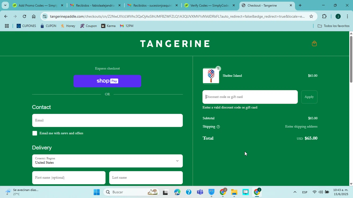 Tangerine Paddle discount code screenshot showing code THANKS20 applied at Tangerine Paddle checkout page. Uploaded by SimplyCodes community member jorgejavierherrera on Jun 15, 2025