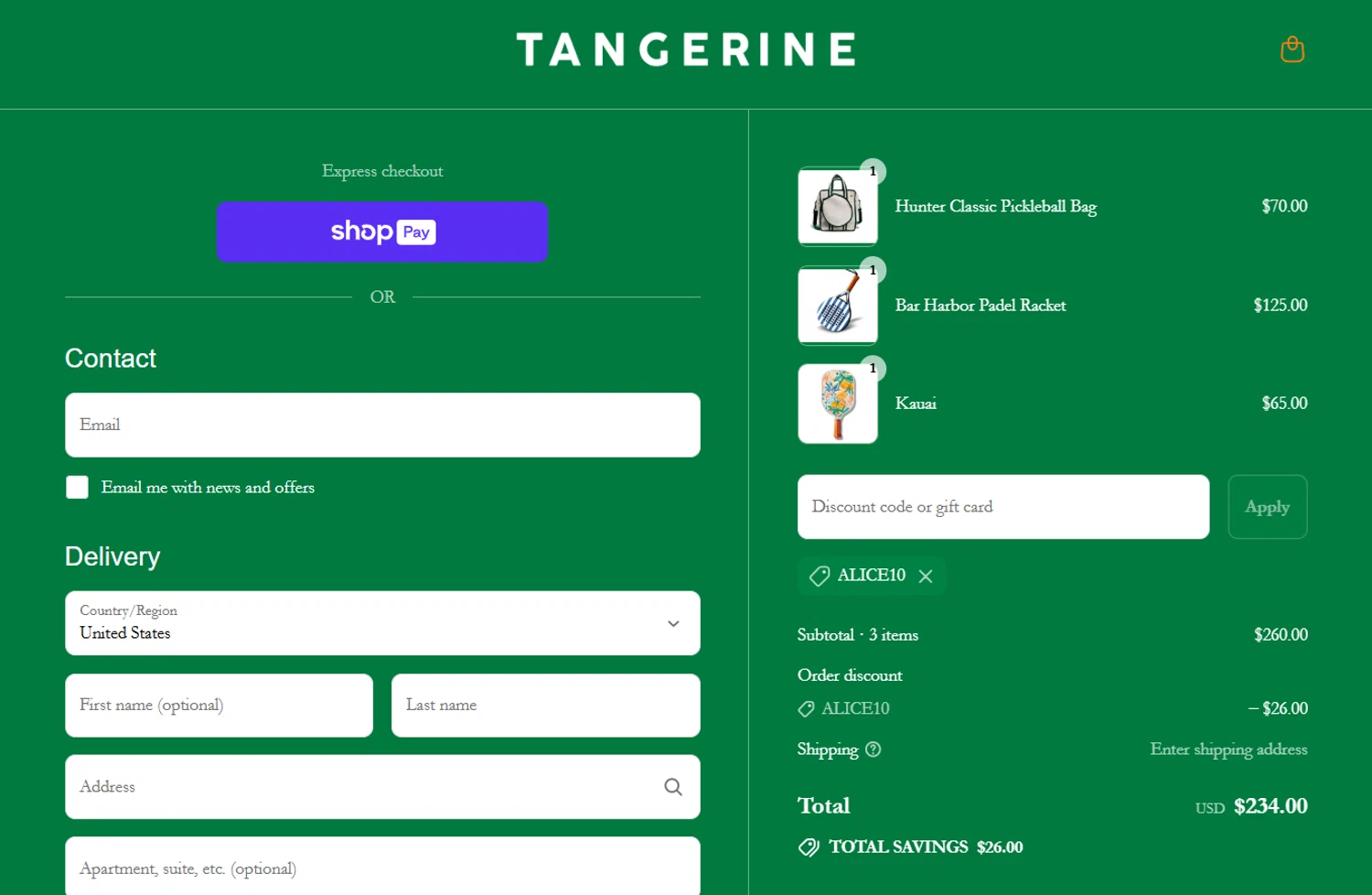 Tangerine Paddle discount code screenshot showing code ALICE10 applied at Tangerine Paddle checkout page. Uploaded by SimplyCodes community member berdetweet on Jul 7, 2025