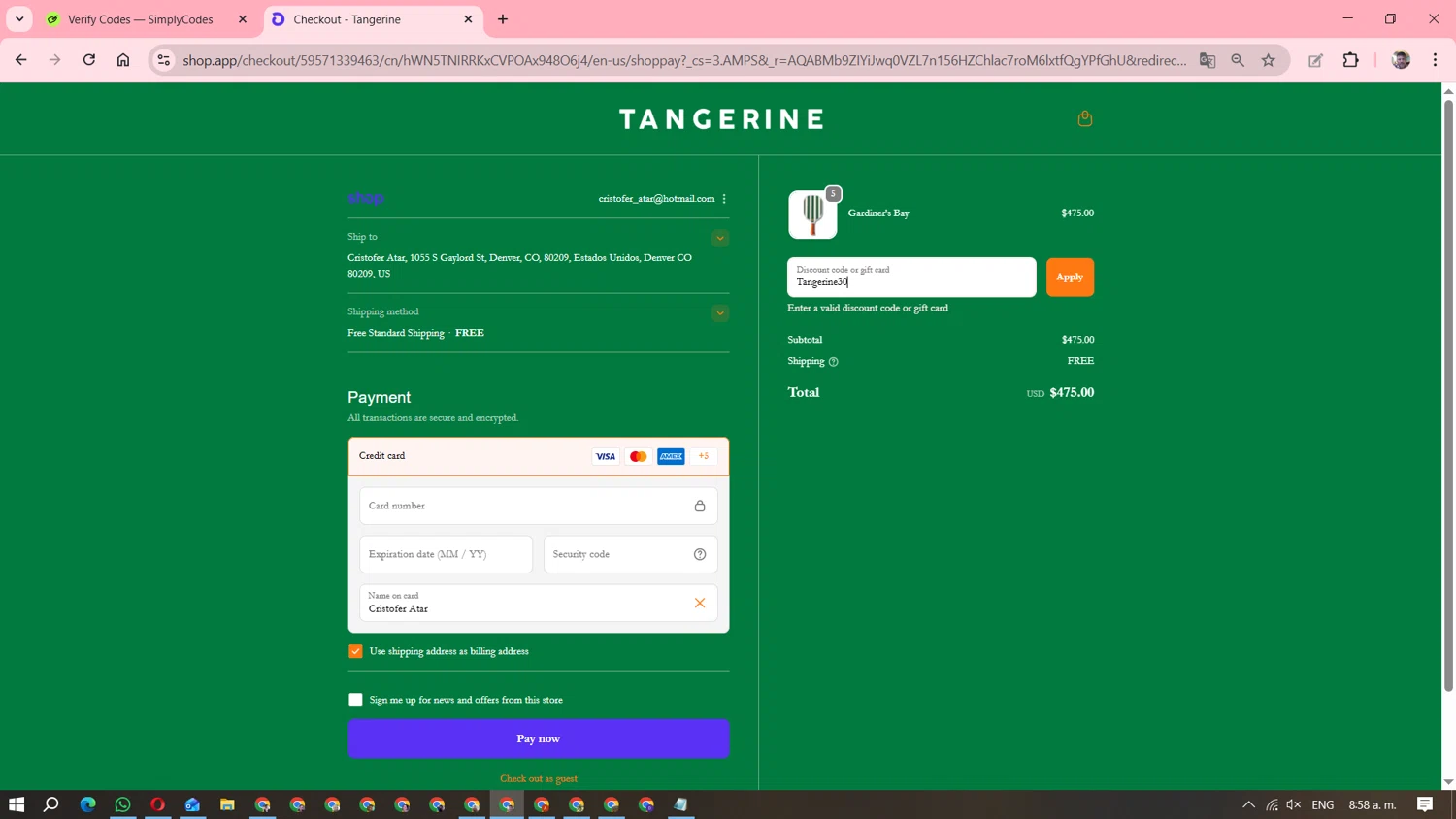 Tangerine Paddle discount code screenshot showing code Tangerine30 applied at Tangerine Paddle checkout page. Uploaded by SimplyCodes community member DavGutFig on Nov 19, 2025