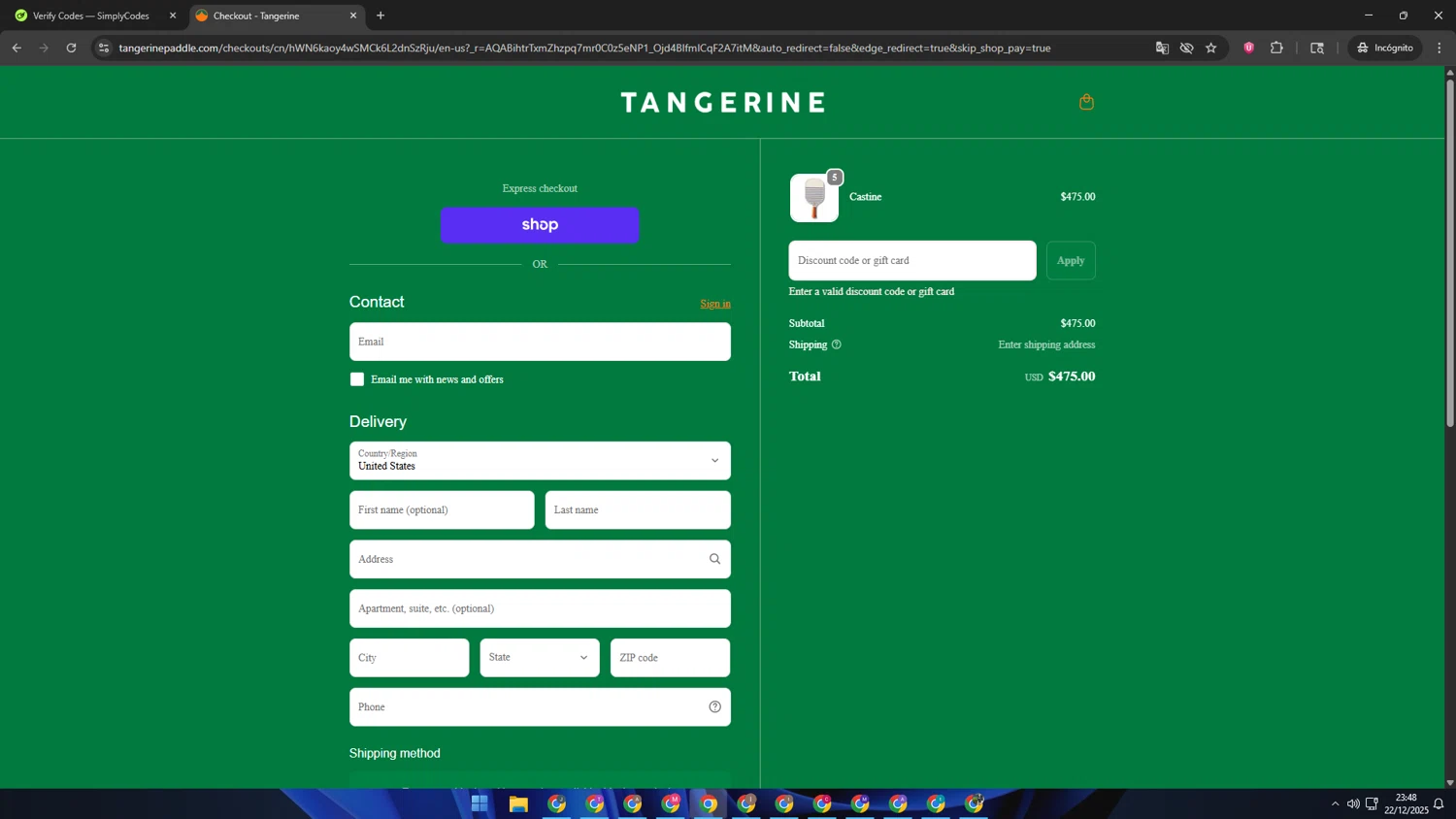 Tangerine Paddle discount code screenshot showing code holiday30 applied at Tangerine Paddle checkout page. Uploaded by SimplyCodes community member AVAMUSTANG on Dec 23, 2025