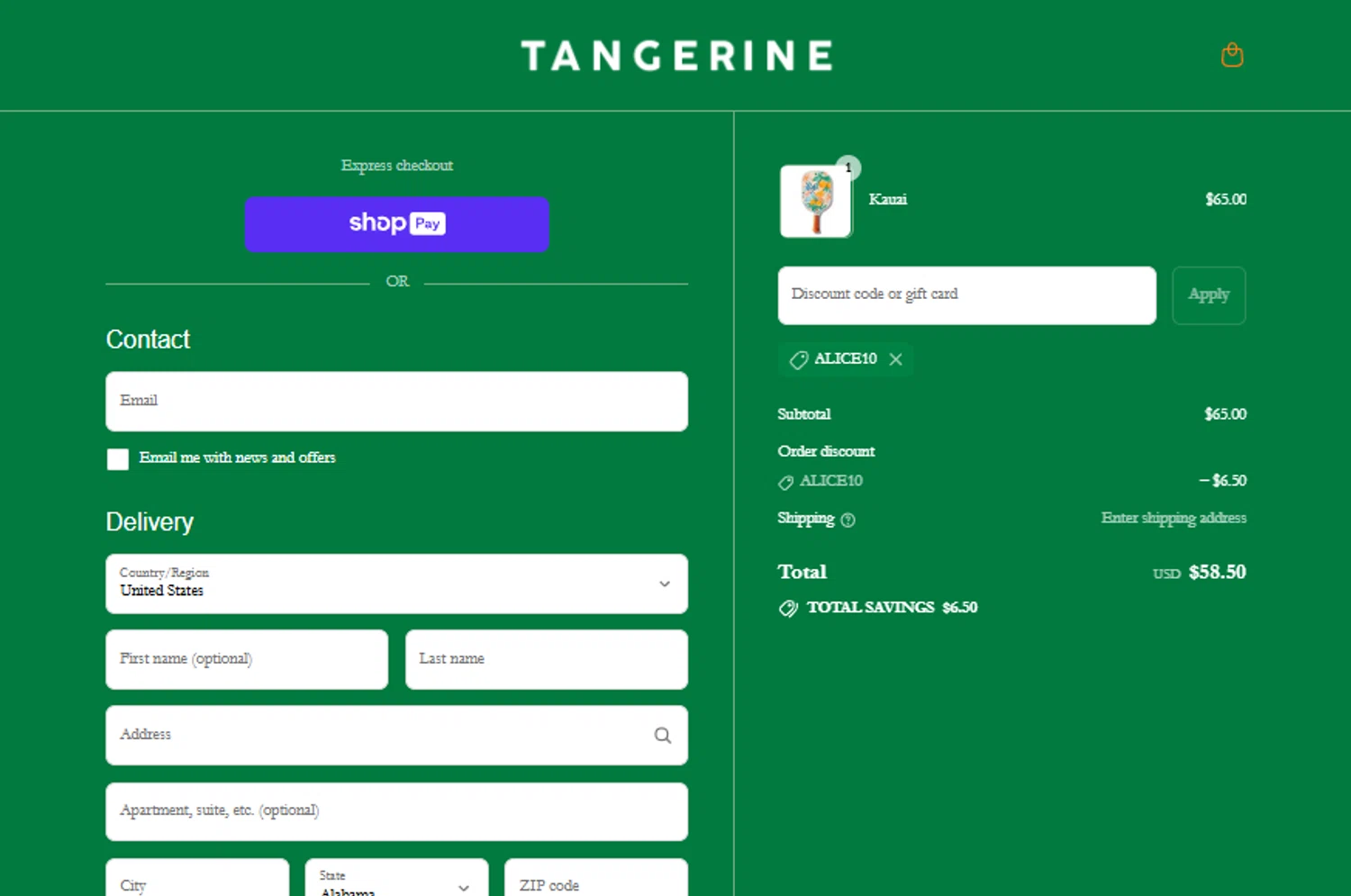 Tangerine Paddle discount code screenshot showing code ALICE10 applied at Tangerine Paddle checkout page. Uploaded by SimplyCodes community member gabrielponce on Jul 7, 2025