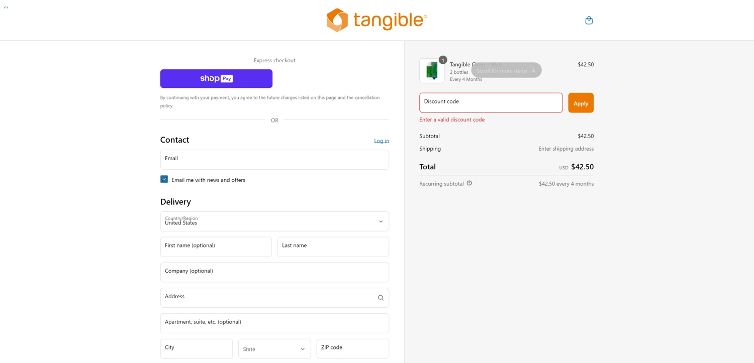 Tangible Science coupon code screenshot showing code CLEAN20 applied at Tangible Science checkout page. Uploaded by SimplyCodes community member ScanRanger3503 on Apr 20, 2025