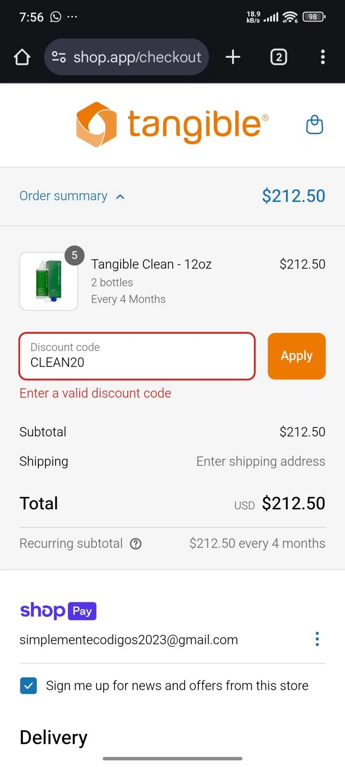 Tangible Science coupon code screenshot showing code CLEAN20 applied at Tangible Science checkout page. Uploaded by SimplyCodes community member Shadowking on Apr 20, 2025