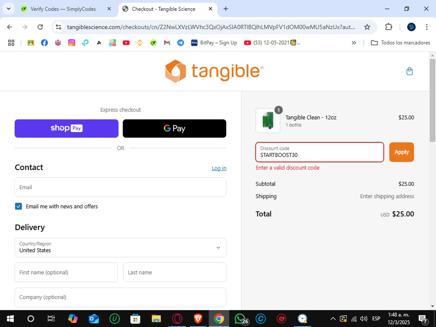 Tangible Science coupon code screenshot showing code STARTBOOST30 applied at Tangible Science checkout page. Uploaded by SimplyCodes community member SunJinWoo on Mar 12, 2025