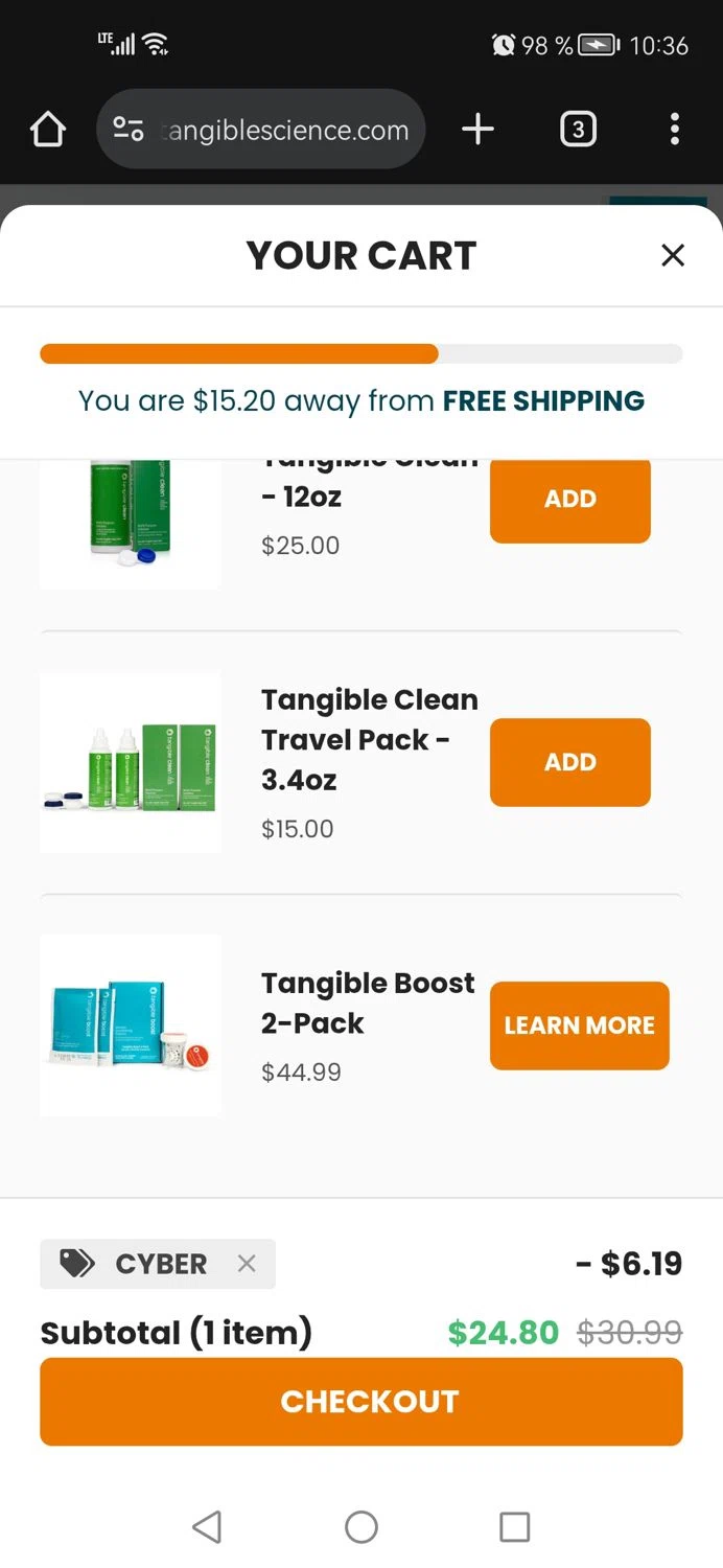 Tangible Science coupon code screenshot showing code CYBER applied at Tangible Science checkout page. Uploaded by SimplyCodes community member OriCarol on Dec 15, 2025