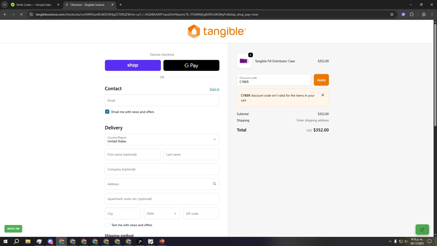 Tangible Science coupon code screenshot showing code CYBER applied at Tangible Science checkout page. Uploaded by SimplyCodes community member Negriao on Nov 29, 2025