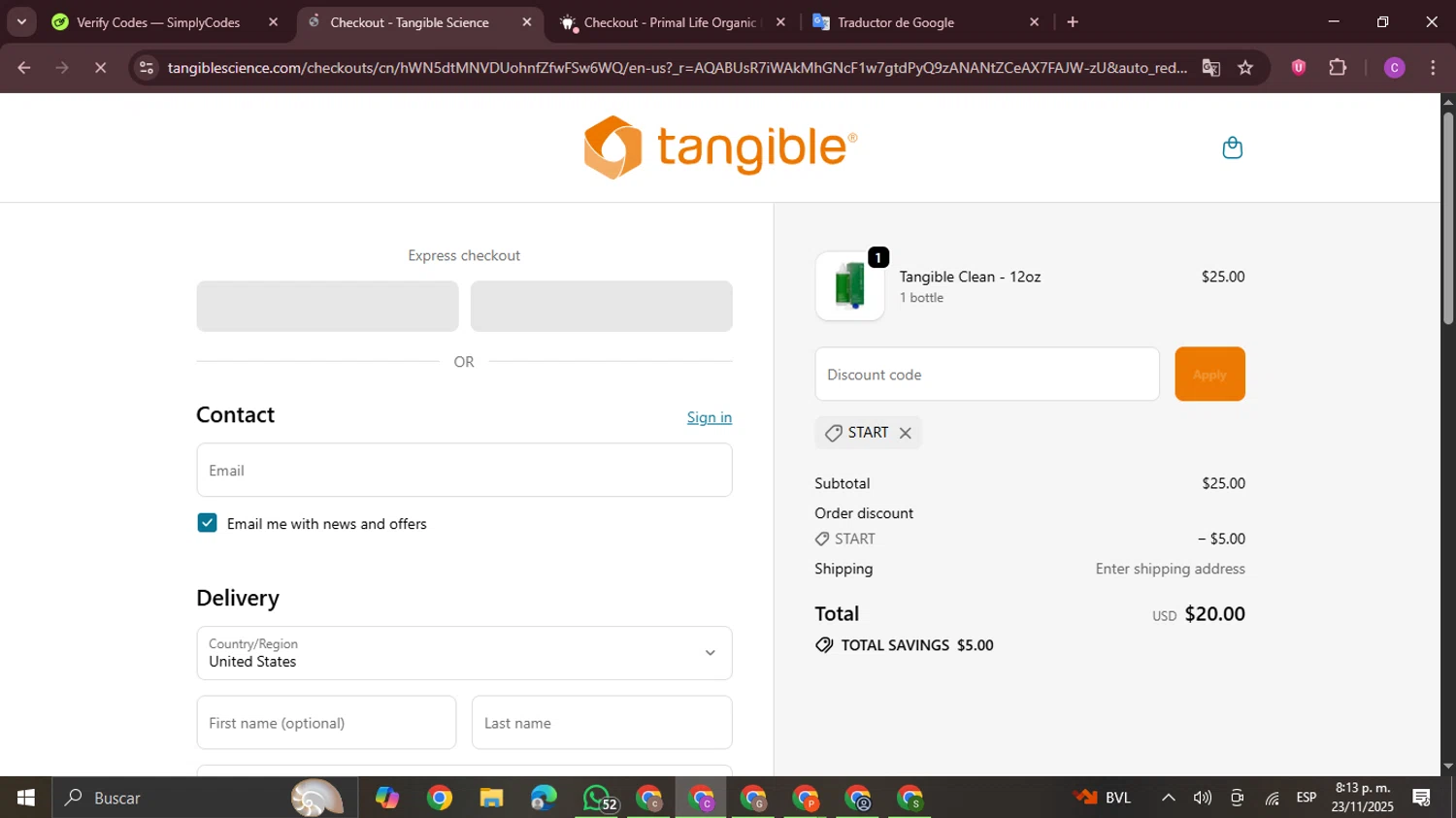 Tangible Science coupon code screenshot showing code START applied at Tangible Science checkout page. Uploaded by SimplyCodes community member FrugalPro5078 on Nov 24, 2025