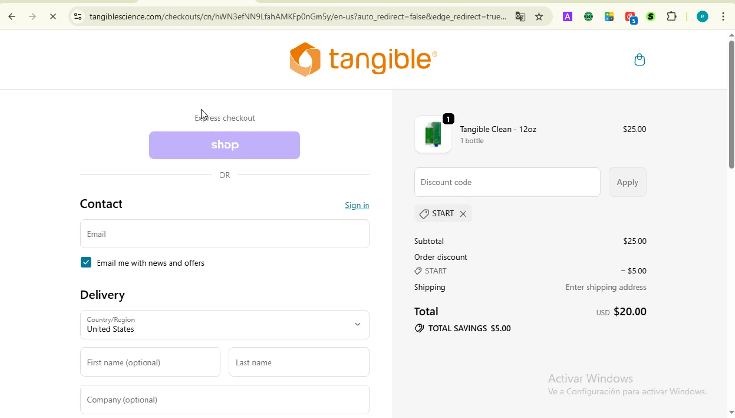 Tangible Science coupon code screenshot showing code START applied at Tangible Science checkout page. Uploaded by SimplyCodes community member LOVECOUPON on Oct 2, 2025