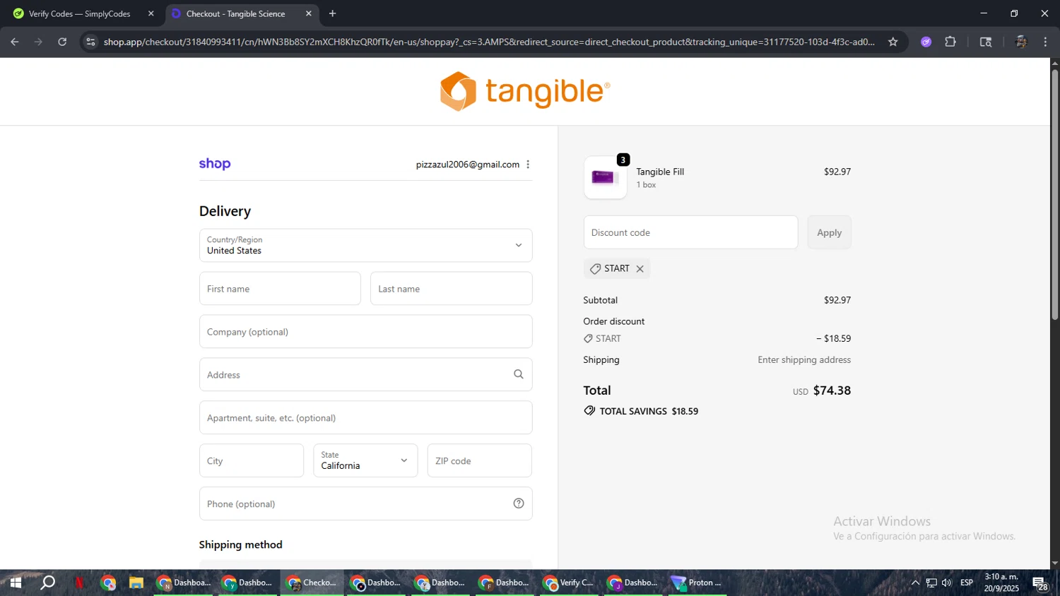Tangible Science coupon code screenshot showing code START applied at Tangible Science checkout page. Uploaded by SimplyCodes community member xxdddd on Sep 20, 2025