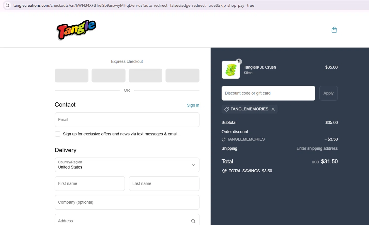 Tangle Creations discount code screenshot showing code TANGLEMEMORIES applied at Tangle Creations checkout page. Uploaded by SimplyCodes community member Samu10 on Sep 17, 2025