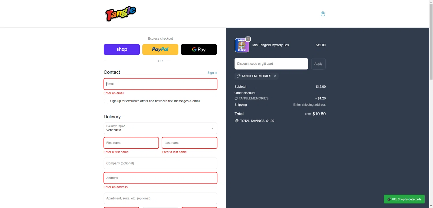 Tangle Creations discount code screenshot showing code TANGLEMEMORIES applied at Tangle Creations checkout page. Uploaded by SimplyCodes community member ThriftyPhoenix5129 on Dec 6, 2025