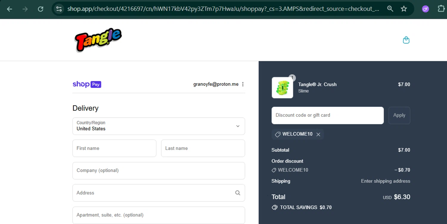 Tangle Creations discount code screenshot showing code WELCOME10 applied at Tangle Creations checkout page. Uploaded by SimplyCodes community member MARCVH on Jul 27, 2025