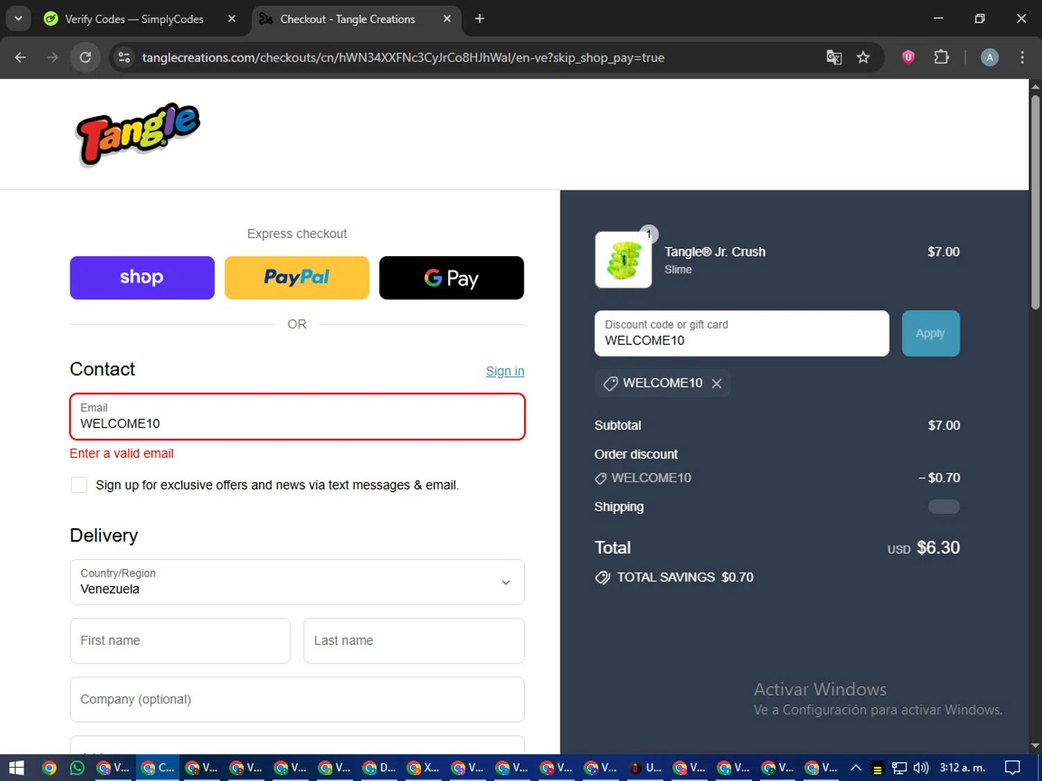 Tangle Creations discount code screenshot showing code WELCOME10 applied at Tangle Creations checkout page. Uploaded by SimplyCodes community member trippieredd on Sep 17, 2025