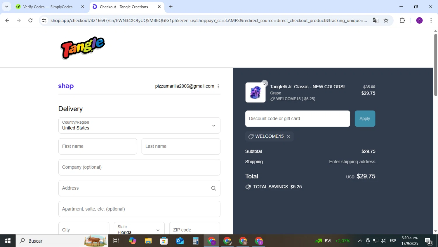 Tangle Creations discount code screenshot showing code WELCOME15 applied at Tangle Creations checkout page. Uploaded by SimplyCodes community member AVAMUSTANG on Sep 17, 2025