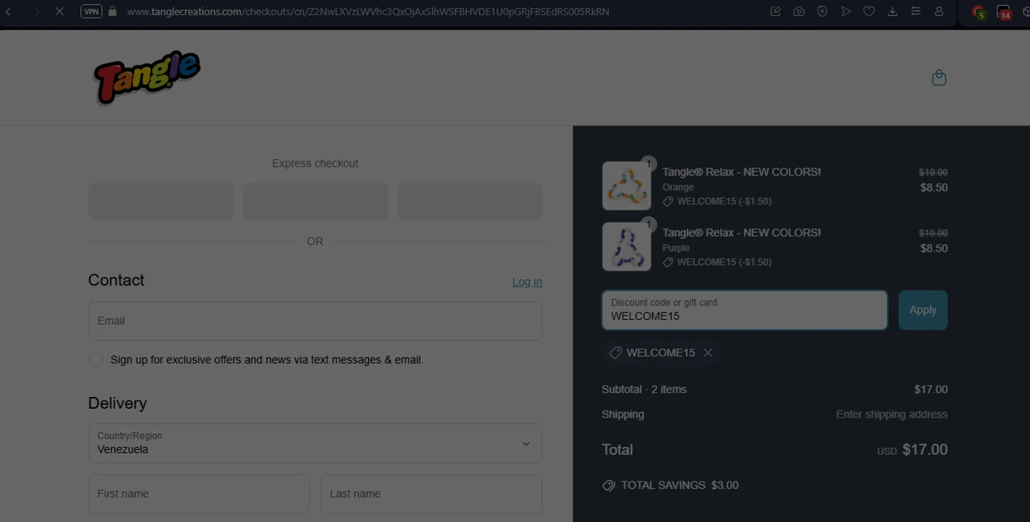 Tangle Creations discount code screenshot showing code WELCOME15 applied at Tangle Creations checkout page. Uploaded by SimplyCodes community member LukaModric on Jun 16, 2025