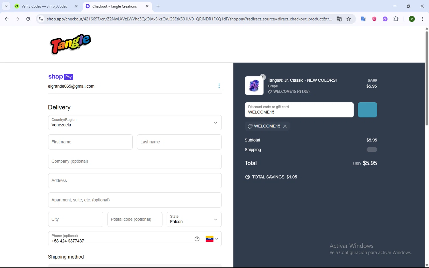 Tangle Creations discount code screenshot showing code WELCOME15 applied at Tangle Creations checkout page. Uploaded by SimplyCodes community member WonderWarden4709 on Jun 19, 2025