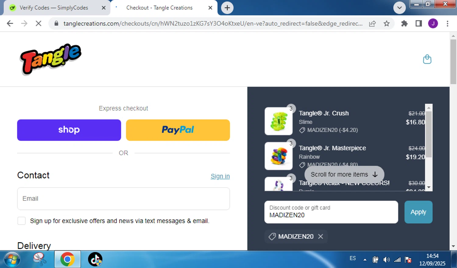 Tangle Creations discount code screenshot showing code MADIZEN20 applied at Tangle Creations checkout page. Uploaded by SimplyCodes community member Marboro on Sep 12, 2025