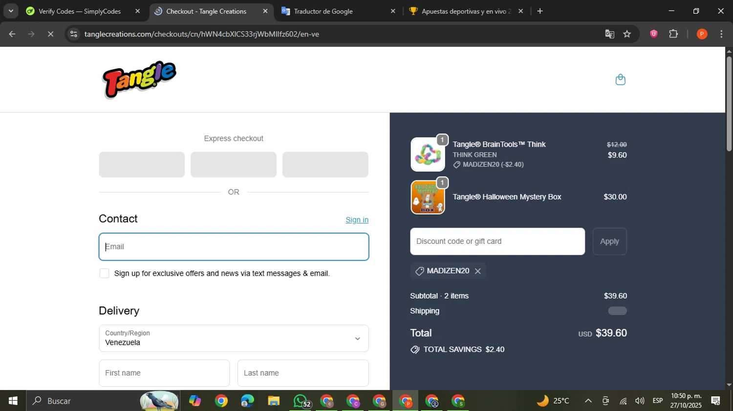 Tangle Creations discount code screenshot showing code MADIZEN20 applied at Tangle Creations checkout page. Uploaded by SimplyCodes community member VictoriousCaptain2658 on Oct 28, 2025