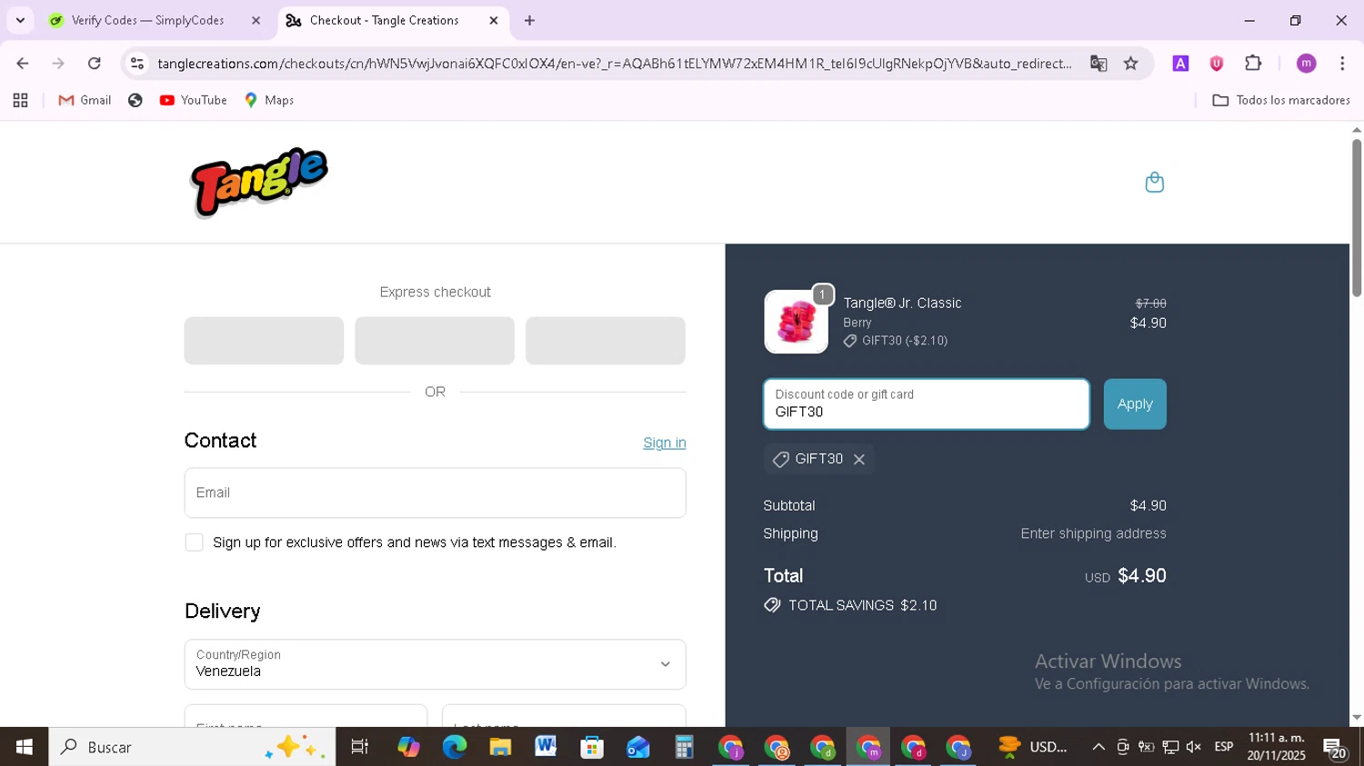 Tangle Creations discount code screenshot showing code GIFT30 applied at Tangle Creations checkout page. Uploaded by SimplyCodes community member BudgetMonarch8952 on Nov 20, 2025