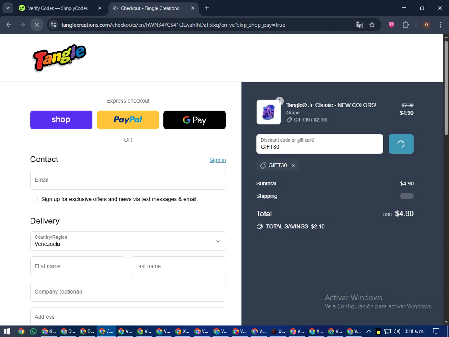 Tangle Creations discount code screenshot showing code GIFT30 applied at Tangle Creations checkout page. Uploaded by SimplyCodes community member Legendar on Sep 17, 2025