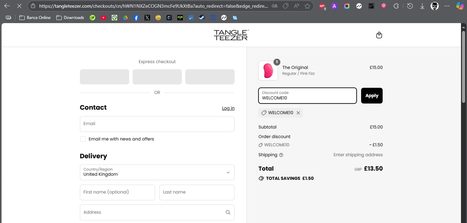 Tangle Teezer discount code screenshot showing code WELCOME10 applied at Tangle Teezer checkout page. Uploaded by SimplyCodes community member ROCKSORD on Aug 3, 2025