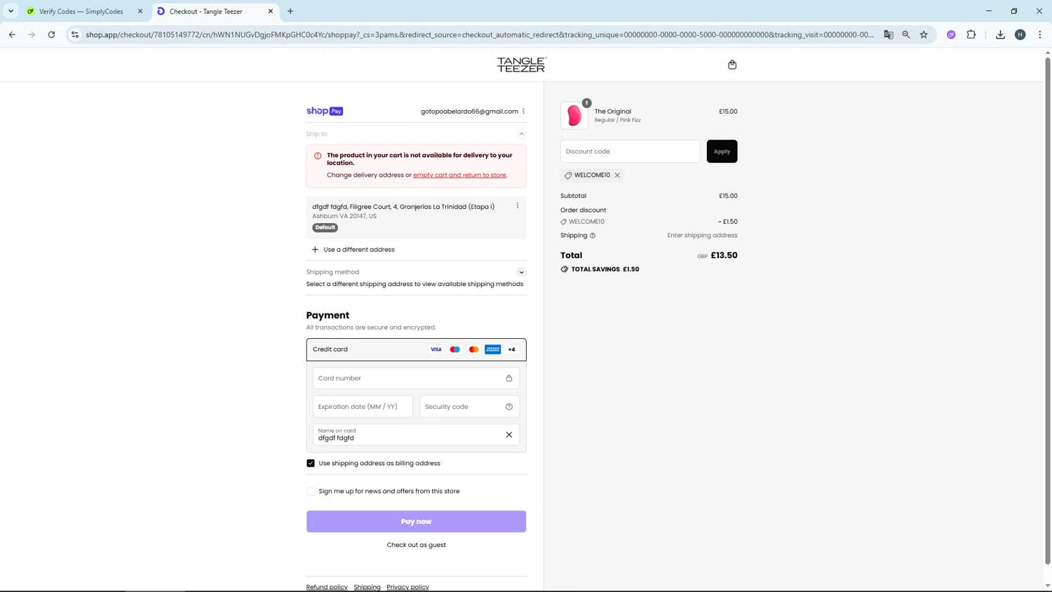 Tangle Teezer discount code screenshot showing code WELCOME10 applied at Tangle Teezer checkout page. Uploaded by SimplyCodes community member YAMAHA on Aug 3, 2025