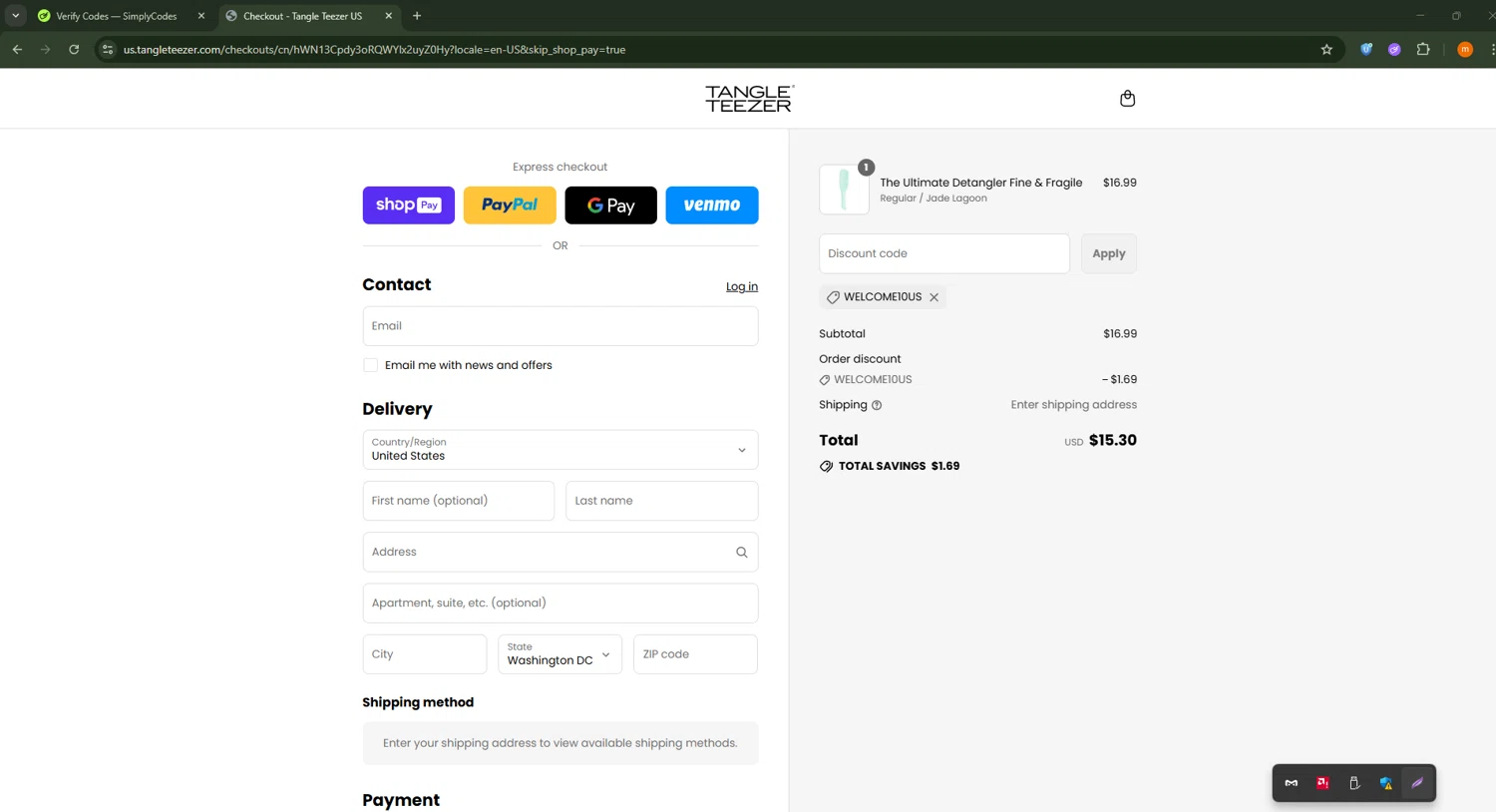Tangle Teezer discount code screenshot showing code WELCOME10US applied at Tangle Teezer checkout page. Uploaded by SimplyCodes community member Davoxeneixe on Jul 26, 2025