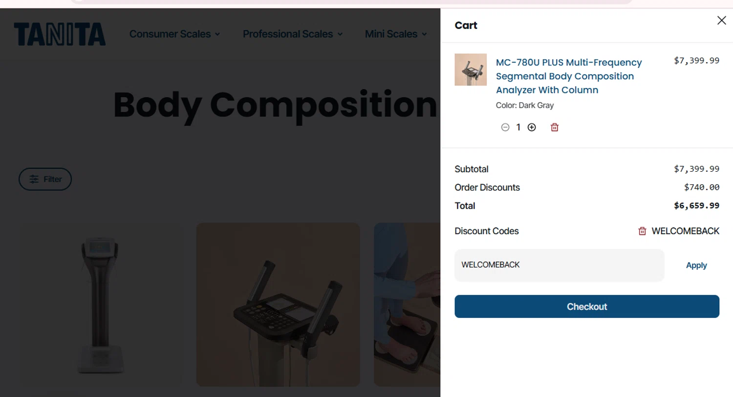 Tanita promo code screenshot showing code WELCOMEBACK applied at Tanita checkout page. Uploaded by SimplyCodes community member BonusDefender8823 on Jun 12, 2025
