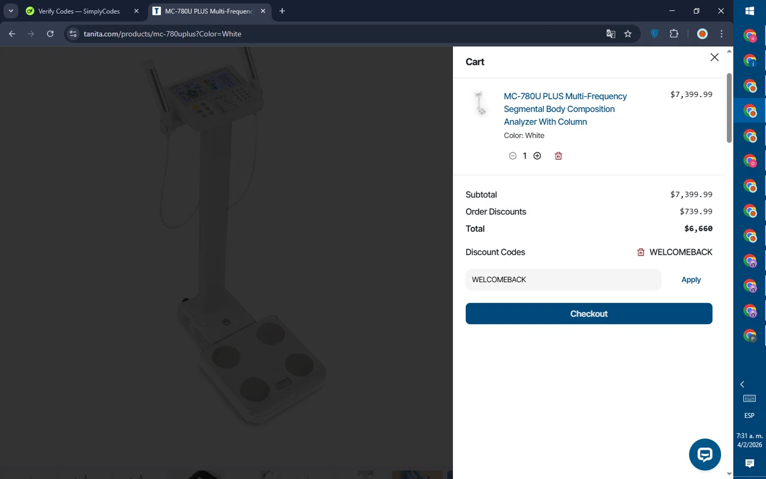 Tanita checkout page showing Tanita promo code box | Screenshot taken by SimplyCodes community member on Feb 4, 2026