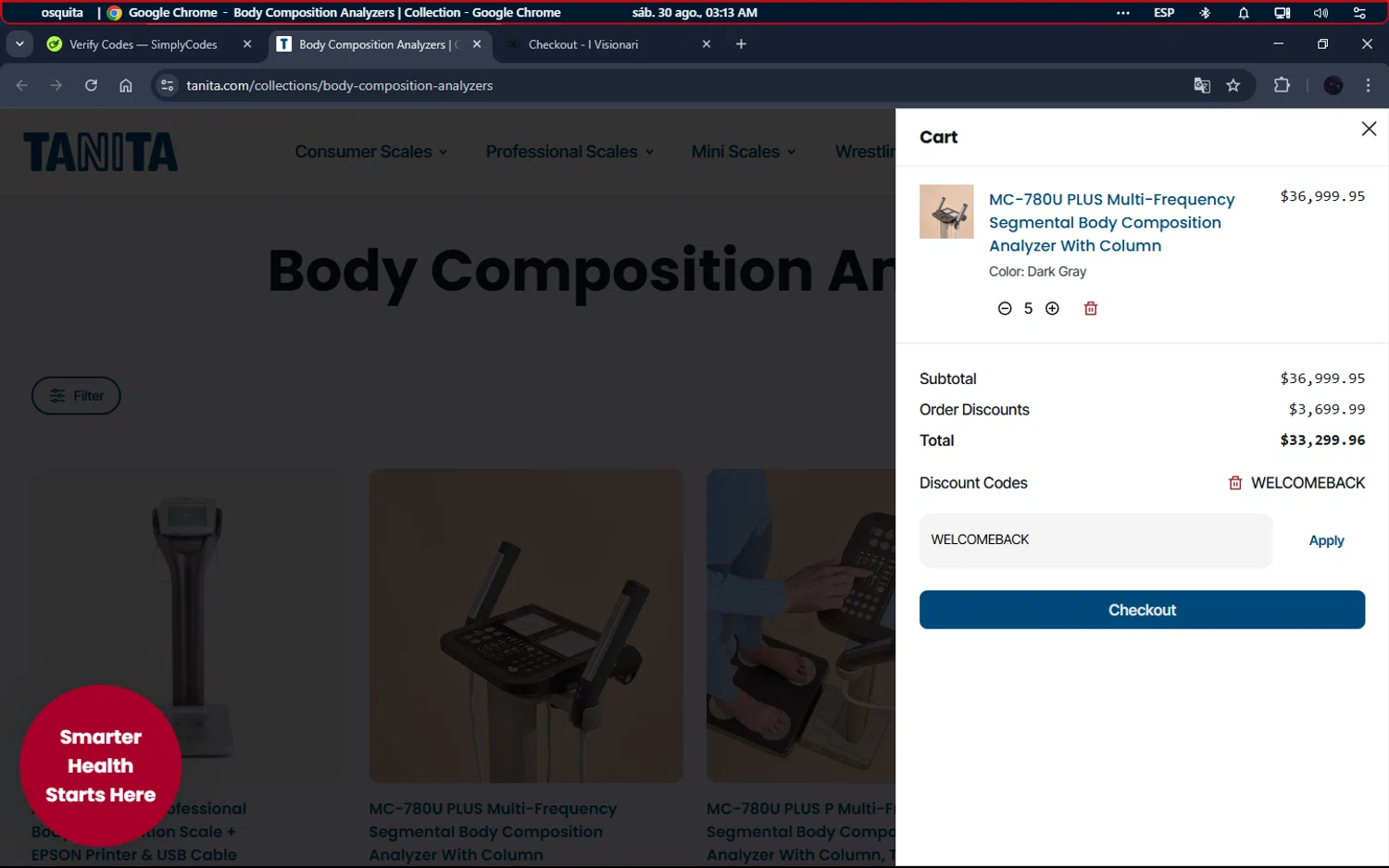 Tanita promo code screenshot showing code WELCOMEBACK applied at Tanita checkout page. Uploaded by SimplyCodes community member ELAMARILLO on Aug 30, 2025