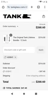 Tank Glass coupon verification screenshot