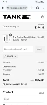 Tank Glass coupon verification screenshot