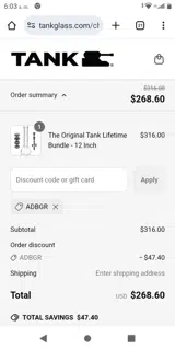 Tank Glass coupon verification screenshot