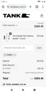 Tank Glass coupon verification screenshot