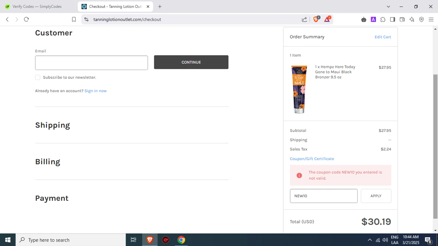 Tanning Lotion Outlet coupon code screenshot showing code NEW10 applied at Tanning Lotion Outlet checkout page. Uploaded by SimplyCodes community member Juliocesar27 on Mar 21, 2025