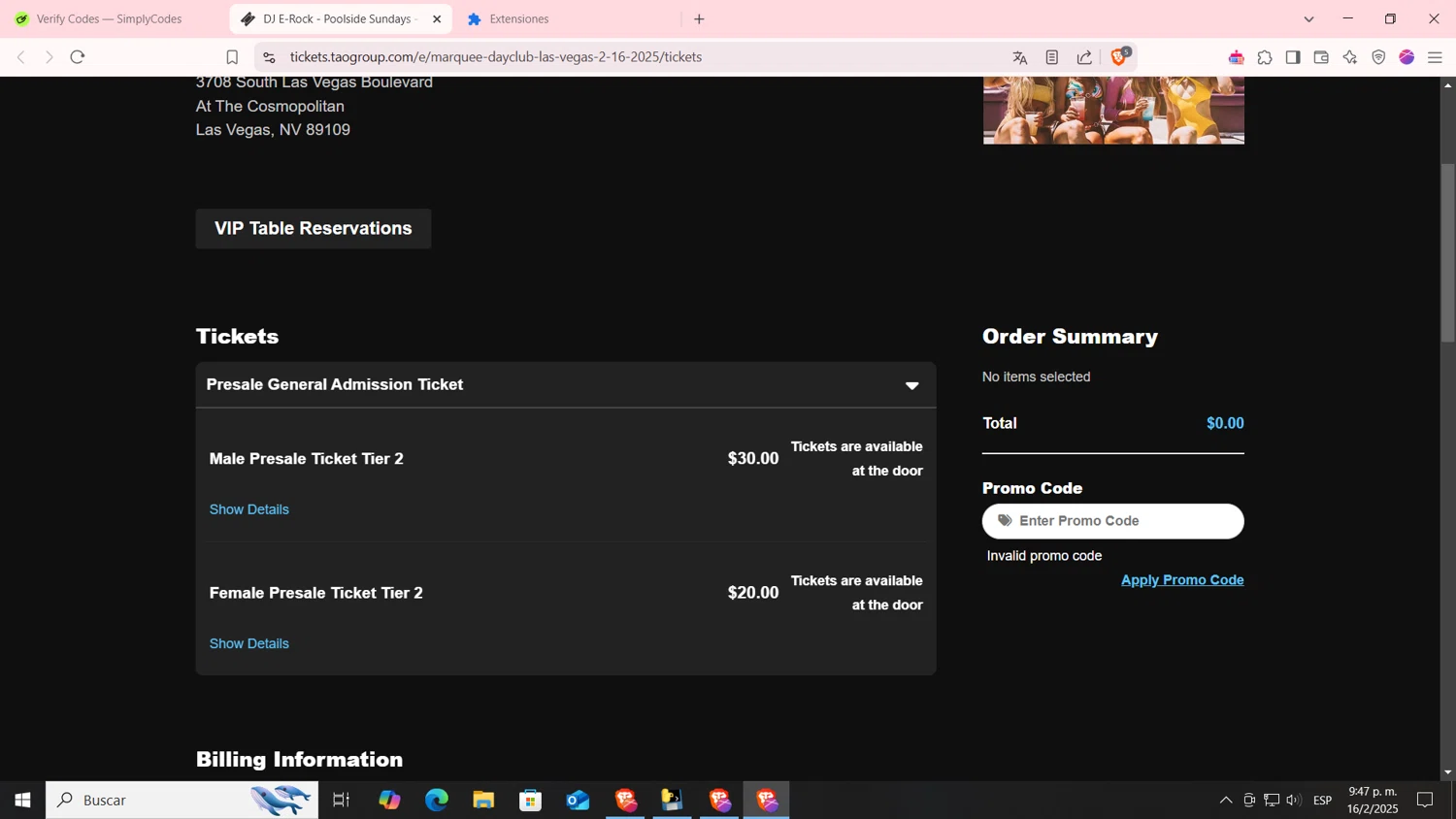Tao Group Hospitality promo code screenshot showing code EARLYBIRD23 applied at Tao Group Hospitality checkout page. Uploaded by SimplyCodes community member Hasta_El_Final on Feb 17, 2025