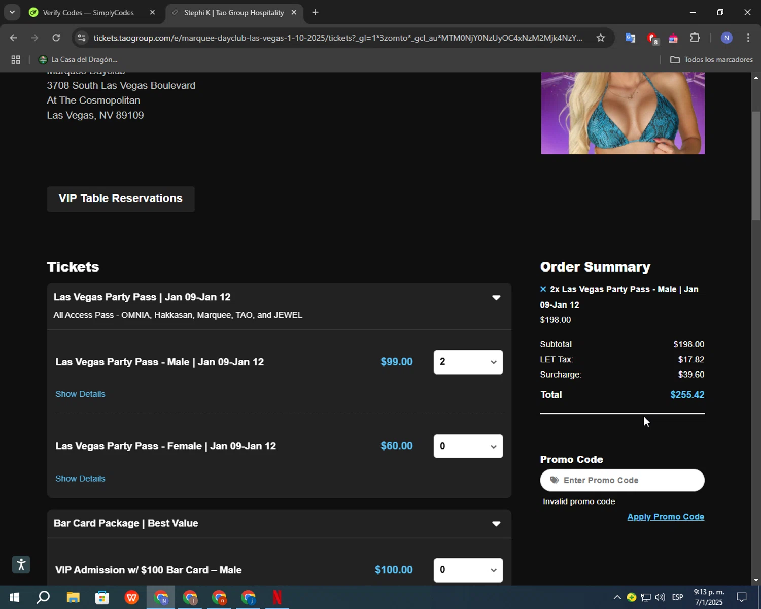 Tao Group Hospitality promo code screenshot showing code BFCM applied at Tao Group Hospitality checkout page. Uploaded by SimplyCodes community member RoyalGuardian2978 on Jan 8, 2025