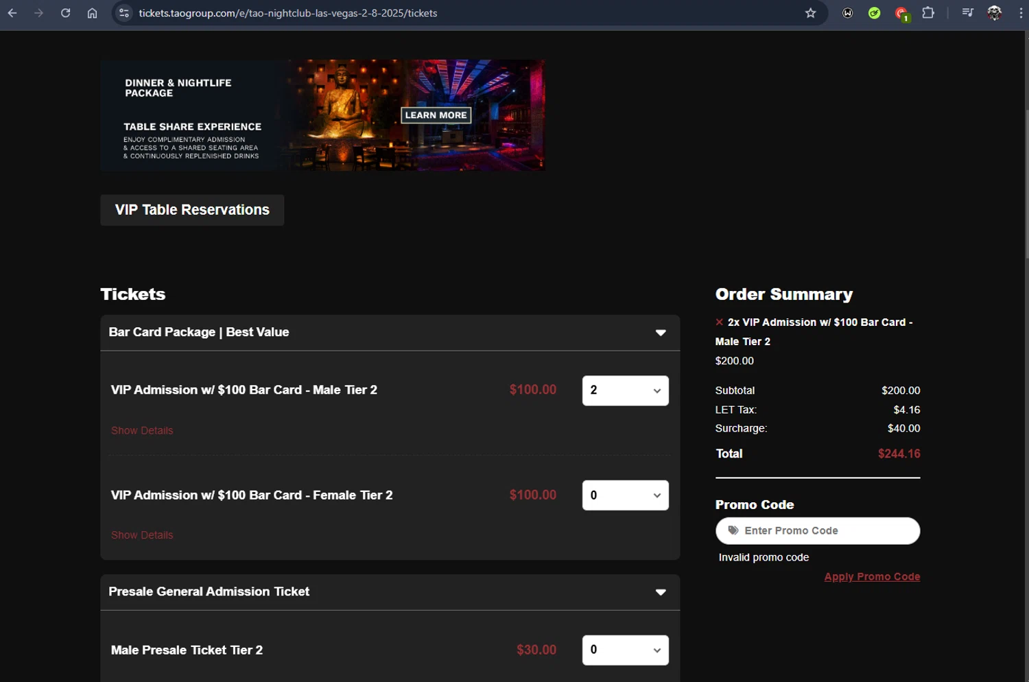 Tao Group Hospitality promo code screenshot showing code VEGASNYE applied at Tao Group Hospitality checkout page. Uploaded by SimplyCodes community member Jmhernand1 on Feb 9, 2025