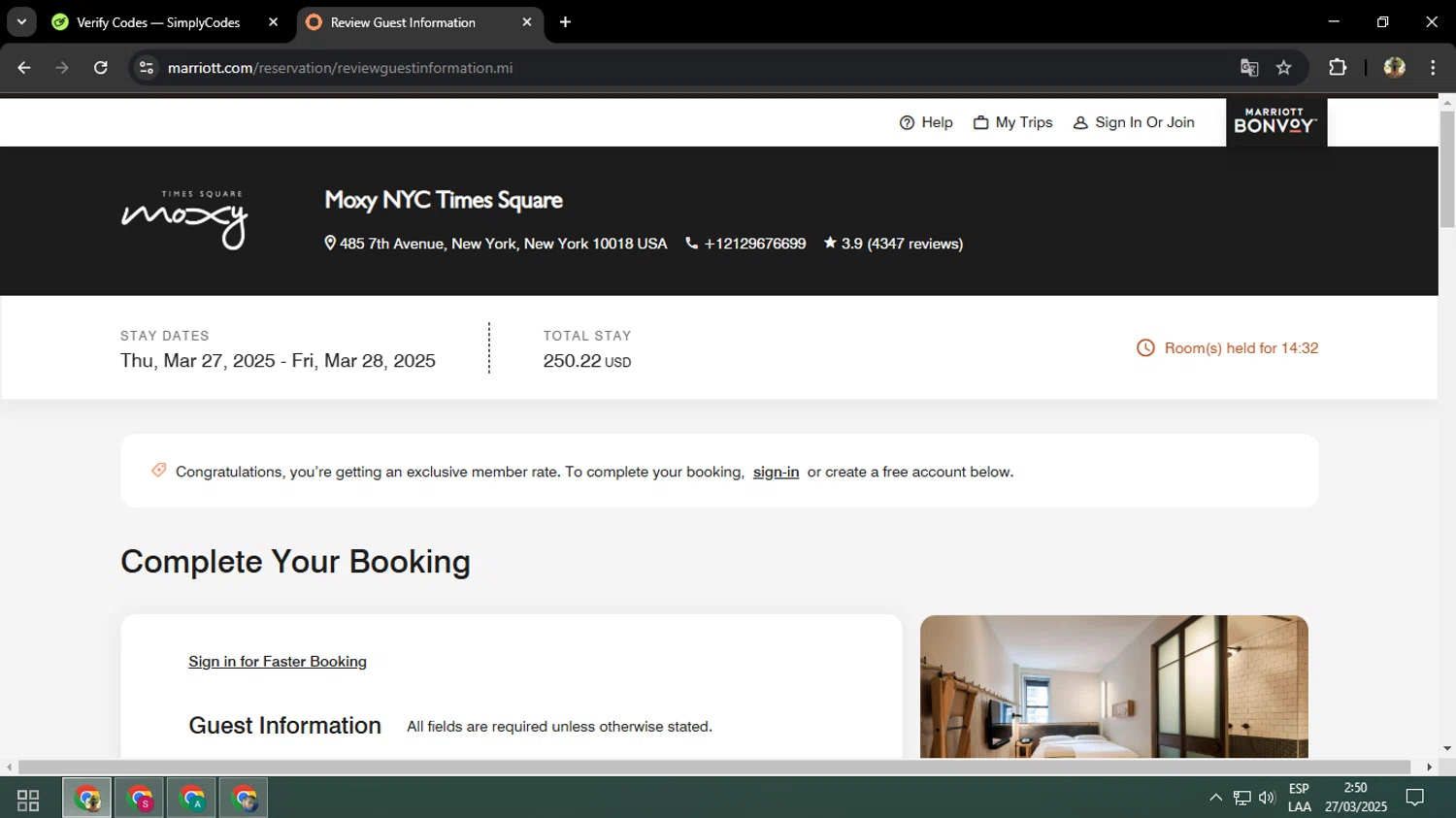 Tao Group Hospitality promo code screenshot showing code VEGASNYE applied at Tao Group Hospitality checkout page. Uploaded by SimplyCodes community member ELVERDEDESAMP on Mar 27, 2025