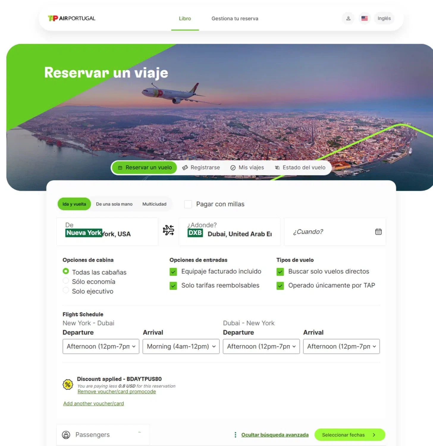 TAP Air Portugal promo code screenshot showing code BDAYTPUS80 applied at TAP Air Portugal checkout page. Uploaded by SimplyCodes community member ESTHER3121 on Jun 21, 2025