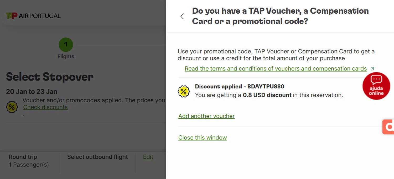 TAP Air Portugal promo code screenshot showing code BDAYTPUS80 applied at TAP Air Portugal checkout page. Uploaded by SimplyCodes community member ESTHER3121 on Dec 13, 2025