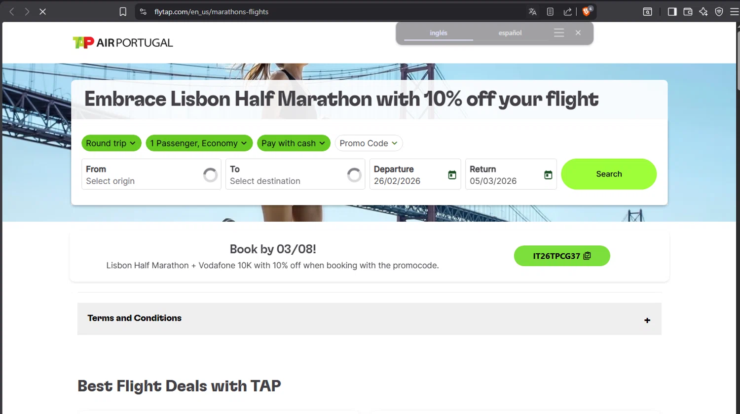 Verification screenshot for 10% Off Embrace Lisbon Half Marathon at TAP Air Portugal - 4mo ago