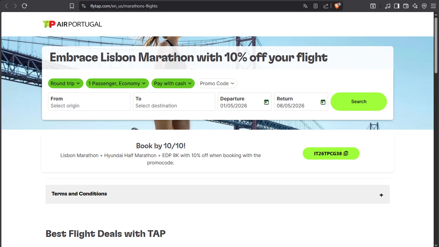 Verification screenshot for 10% Off Flight (valid for Round-trip Flights From Any Tap Destination to Lisbon and Operated Between: Edp Marathon + Hyundai Half Marathon + Edp 8k) at TAP Air Portugal - 2mo ago